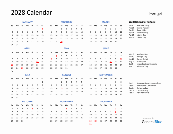 2028 Calendar with Holidays for Portugal