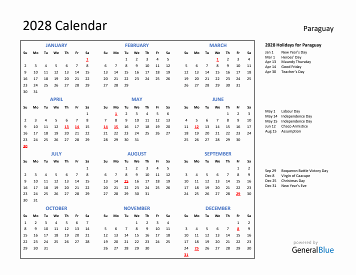 2028 Calendar with Holidays for Paraguay