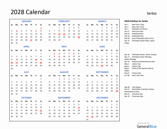 2028 Calendar with Holidays for Serbia