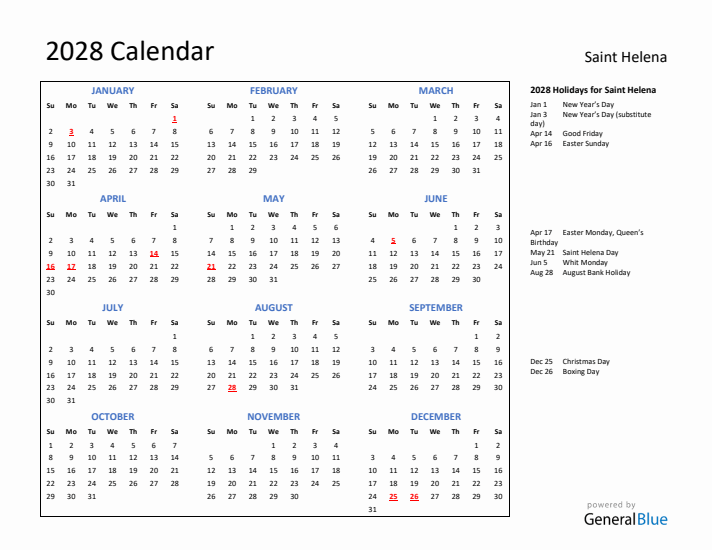 2028 Calendar with Holidays for Saint Helena