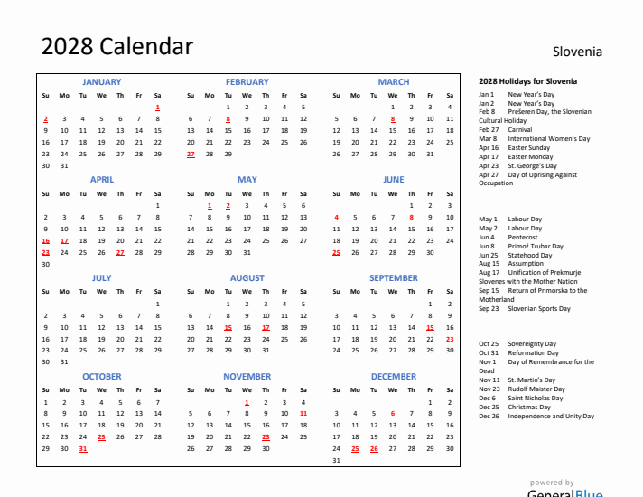 2028 Calendar with Holidays for Slovenia