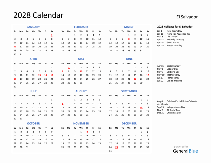 2028 Calendar with Holidays for El Salvador