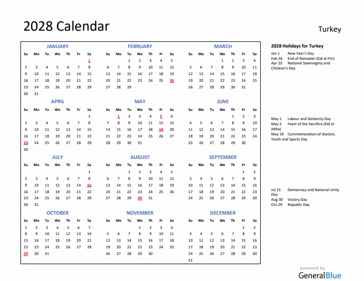 2028 Calendar with Holidays for Turkey