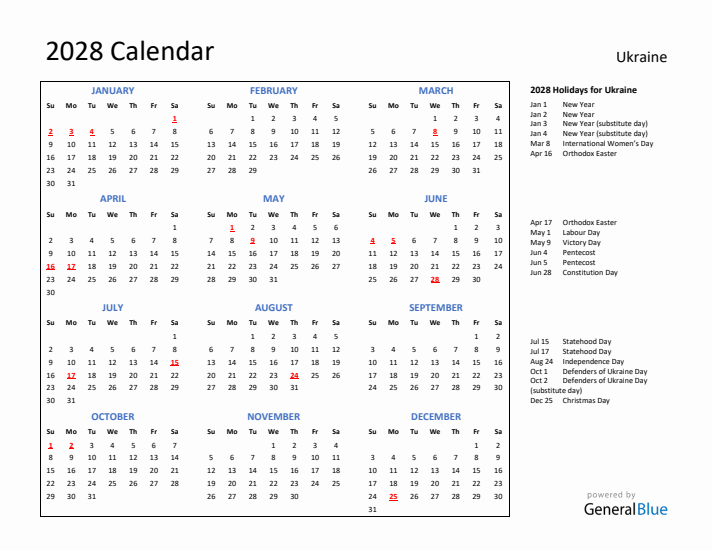 2028 Calendar with Holidays for Ukraine