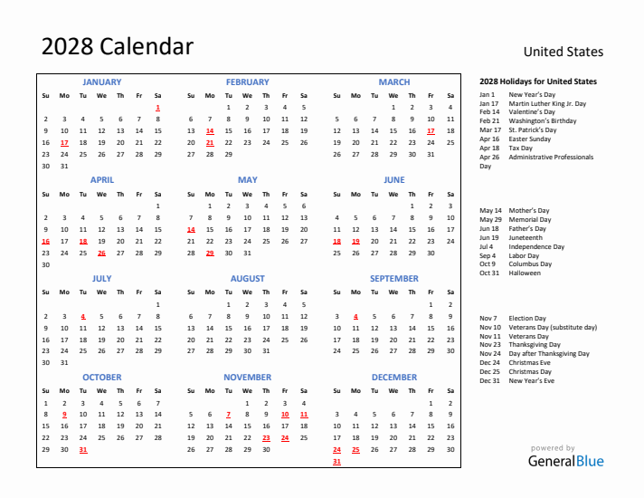 2028 Calendar with Holidays for United States