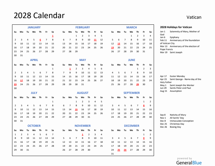 2028 Calendar with Holidays for Vatican