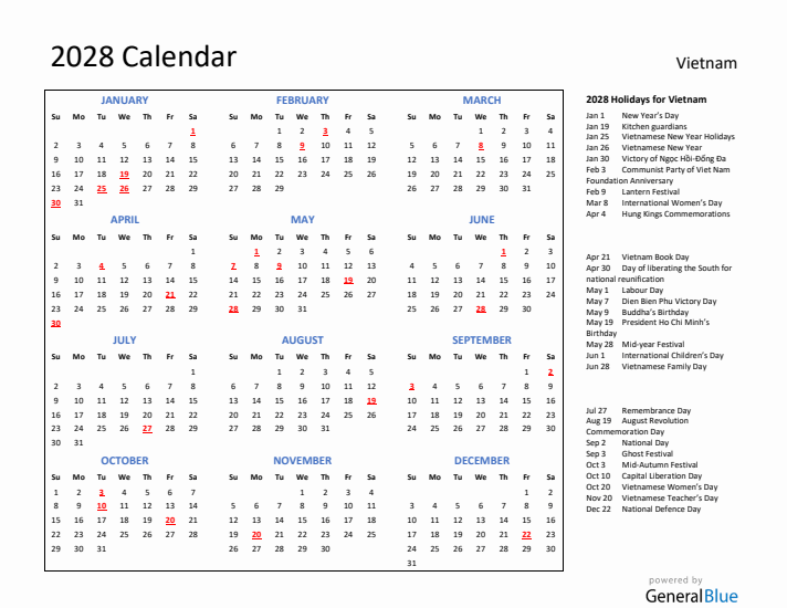 2028 Calendar with Holidays for Vietnam