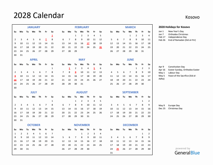 2028 Calendar with Holidays for Kosovo