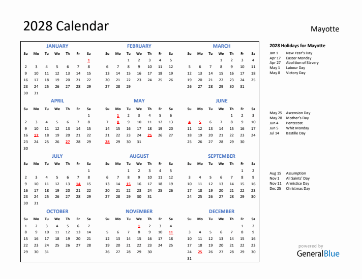 2028 Calendar with Holidays for Mayotte