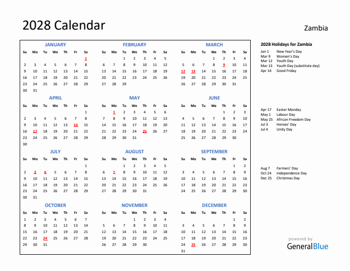 2028 Calendar with Holidays for Zambia