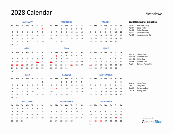 2028 Calendar with Holidays for Zimbabwe