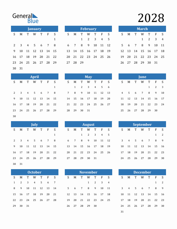 2028 Calendar (PDF, Word, Excel)