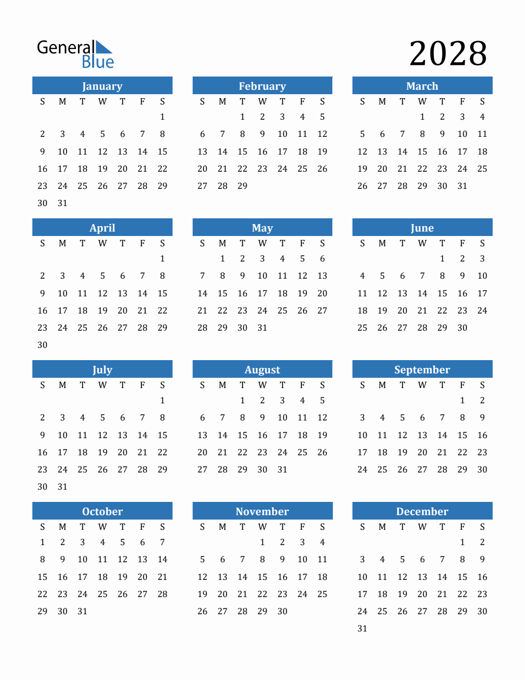 2028 Yearly Calendar Templates with Monday Start