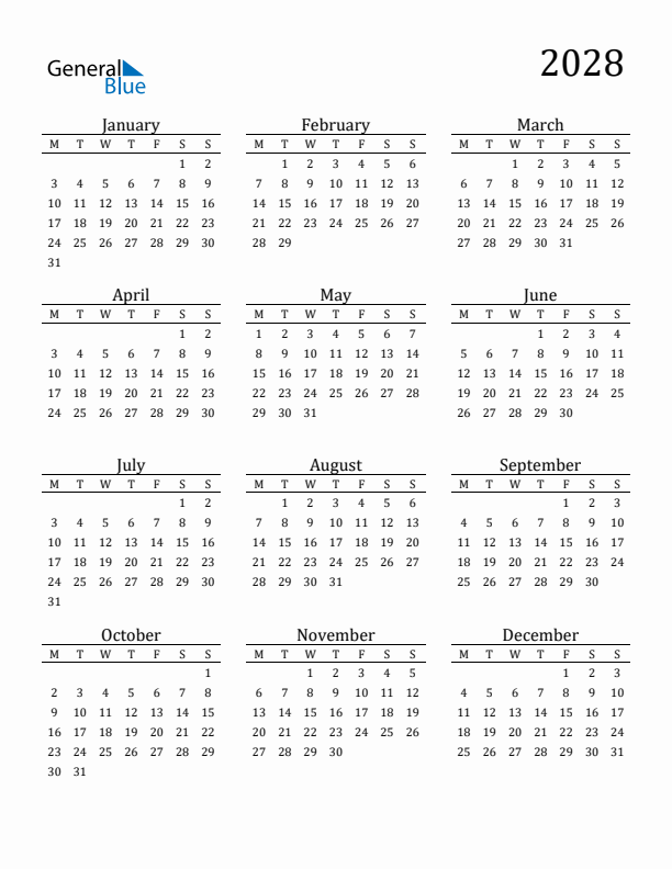 Free Printable Calendar 2028 with Monday Start