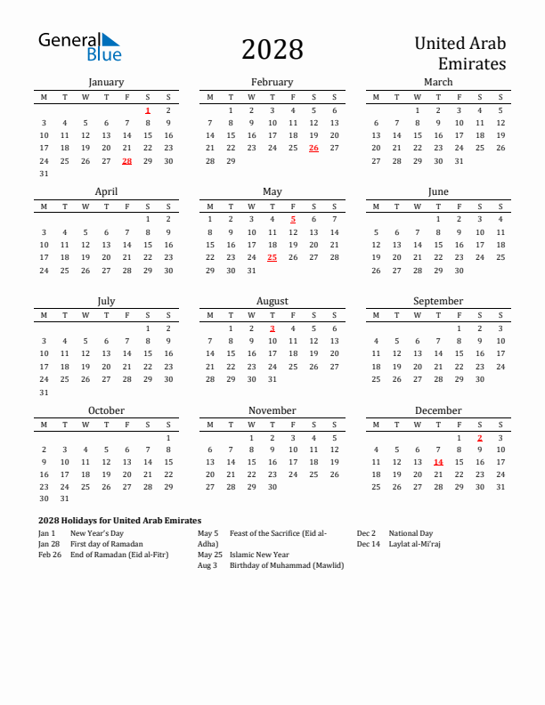 United Arab Emirates Holidays Calendar for 2028