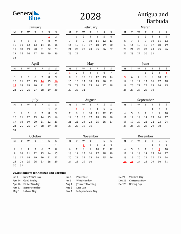 Antigua and Barbuda Holidays Calendar for 2028