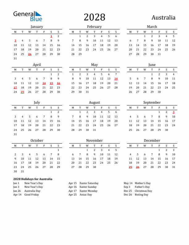 Australia Holidays Calendar for 2028