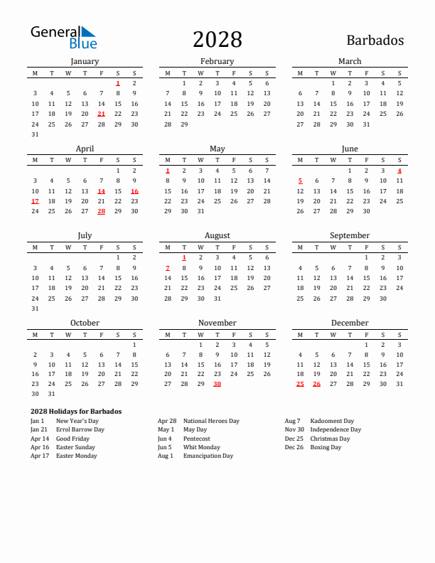 Barbados Holidays Calendar for 2028