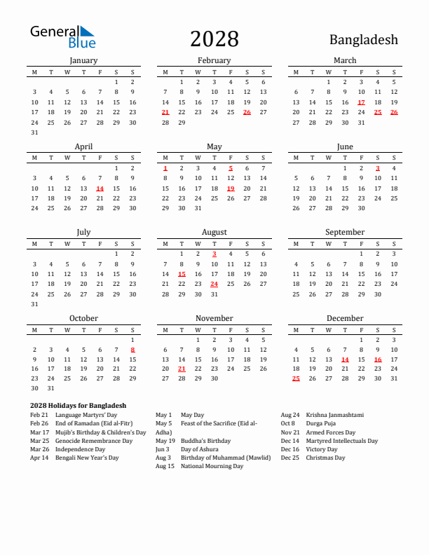 Bangladesh Holidays Calendar for 2028