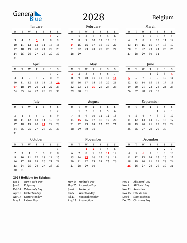 Belgium Holidays Calendar for 2028