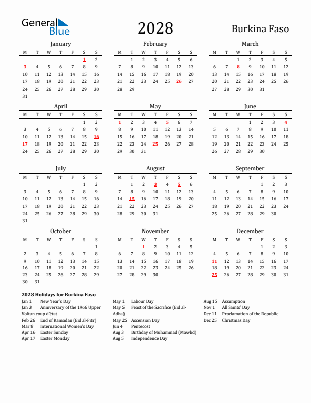 Burkina Faso Holidays Calendar for 2028