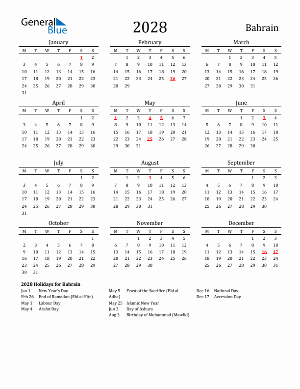 Bahrain Holidays Calendar for 2028