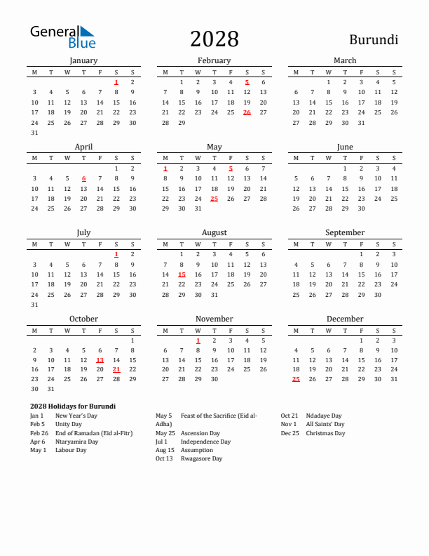 Burundi Holidays Calendar for 2028