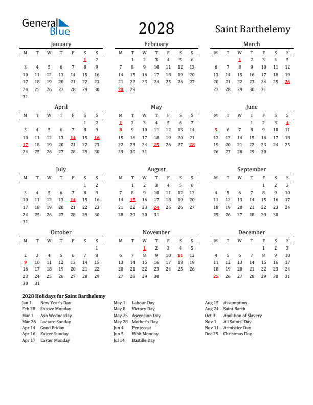 Saint Barthelemy Holidays Calendar for 2028