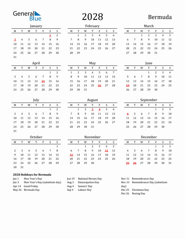 Bermuda Holidays Calendar for 2028