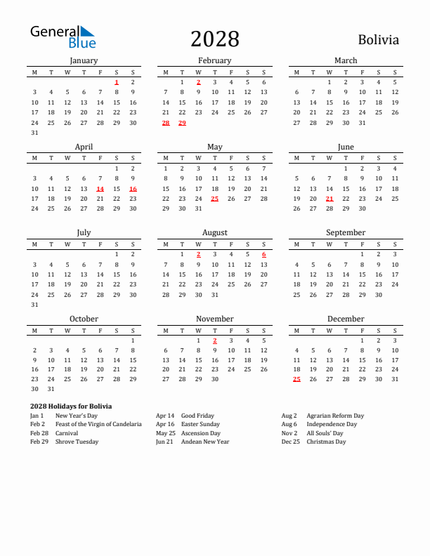 Bolivia Holidays Calendar for 2028