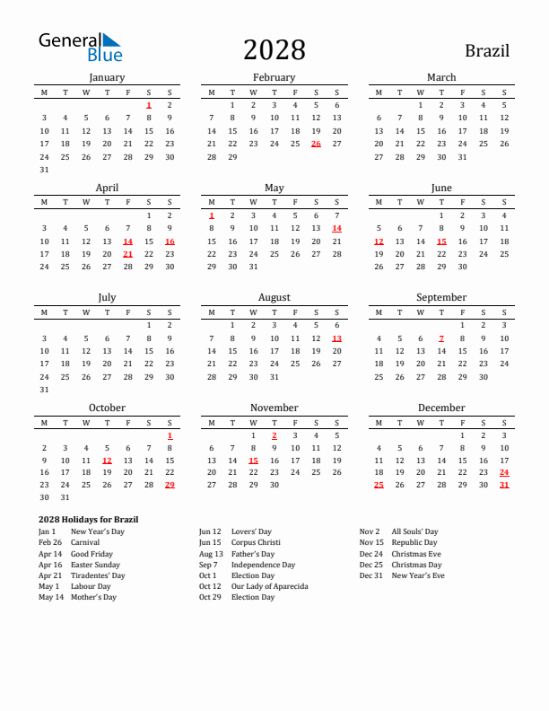 Brazil Holidays Calendar for 2028