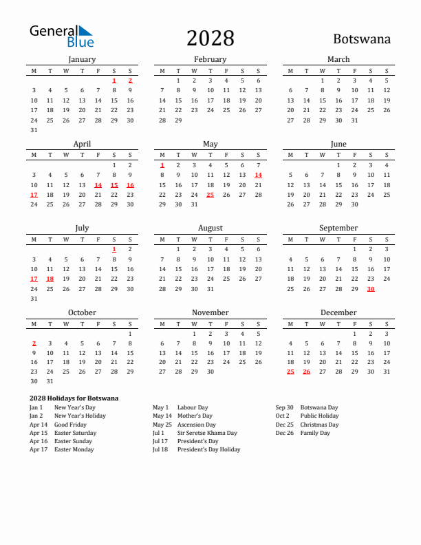 Botswana Holidays Calendar for 2028