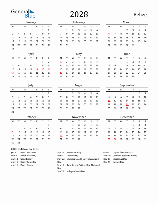 Belize Holidays Calendar for 2028