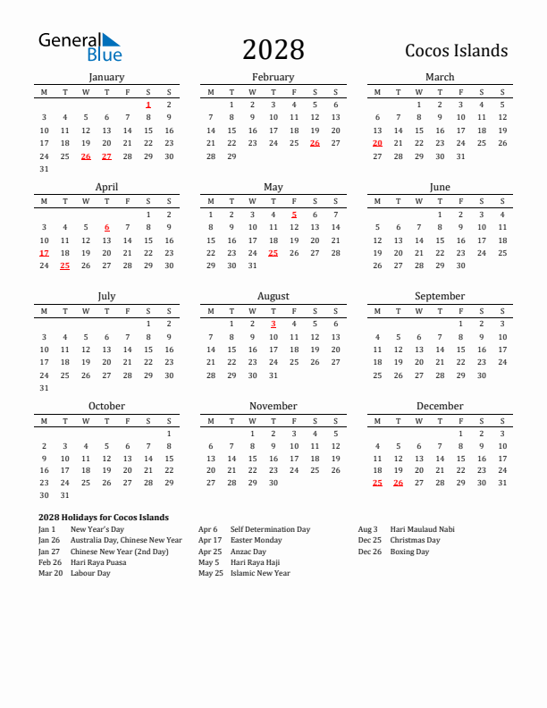 Cocos Islands Holidays Calendar for 2028