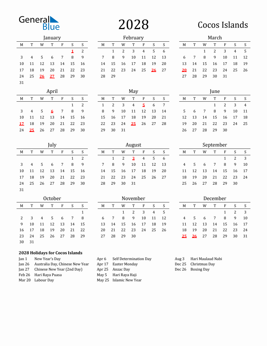 Free Cocos Islands Holidays Calendar For Year 2028
