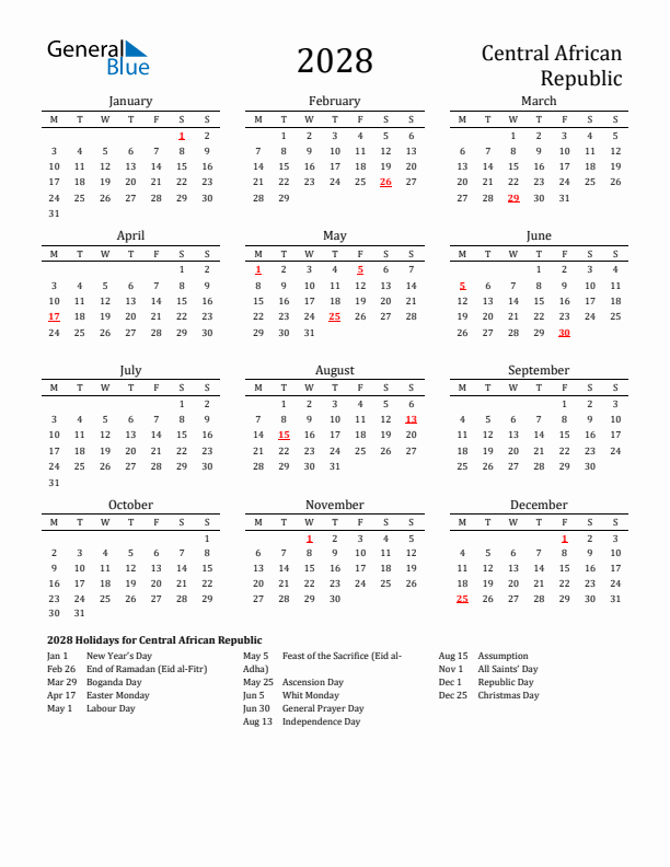 Central African Republic Holidays Calendar for 2028