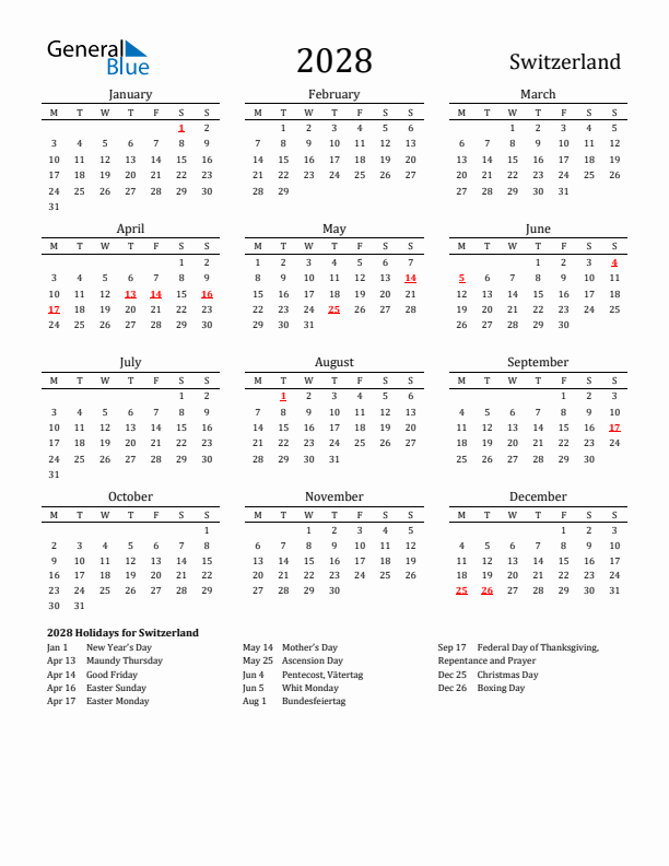 Switzerland Holidays Calendar for 2028