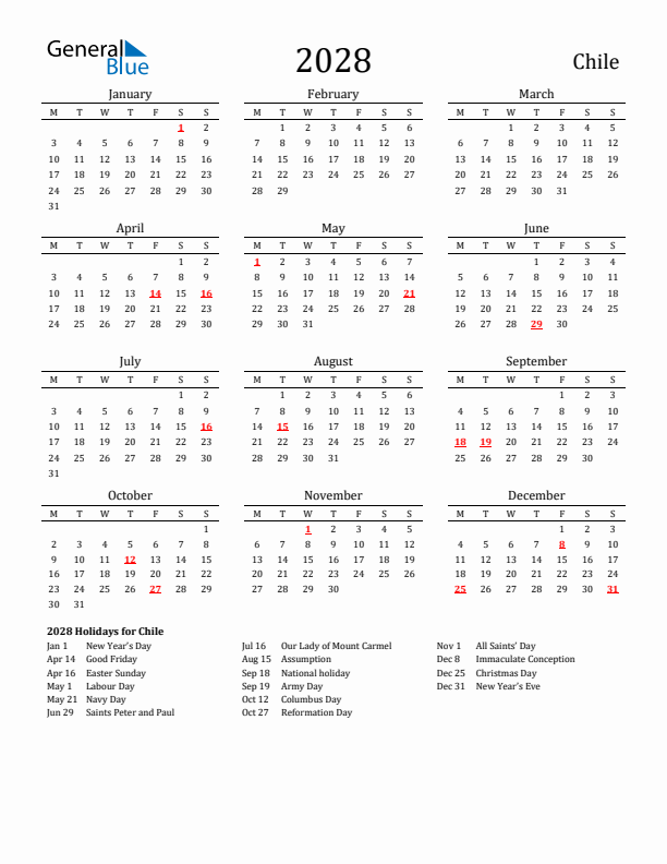 Chile Holidays Calendar for 2028