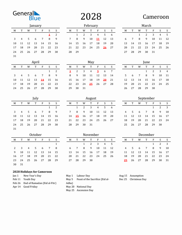 Cameroon Holidays Calendar for 2028