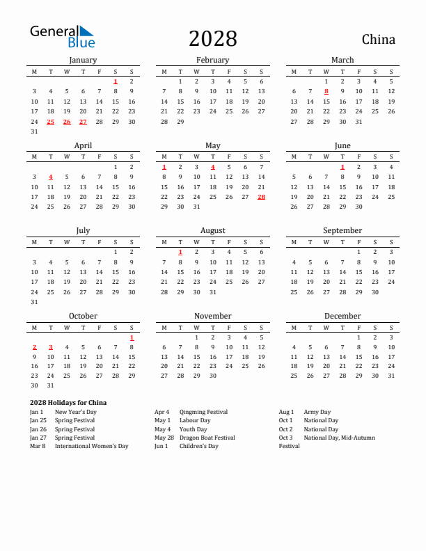 China Holidays Calendar for 2028