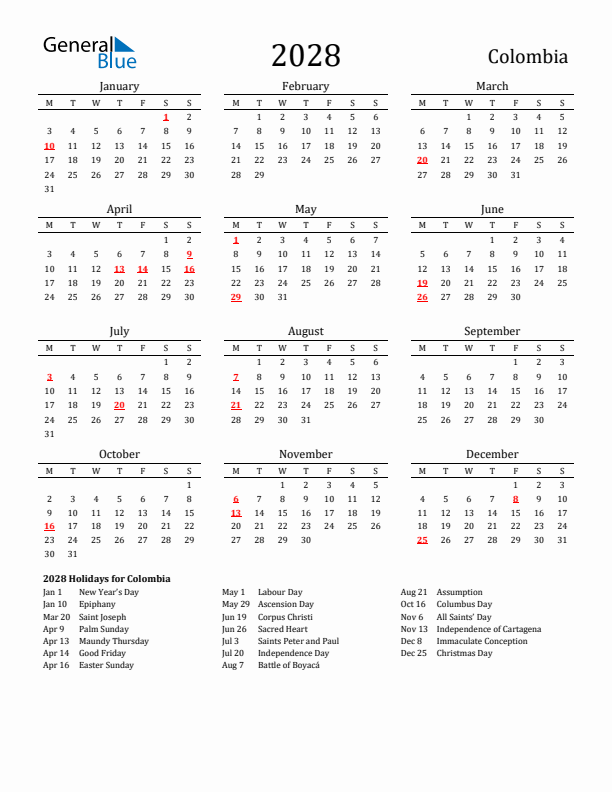 Colombia Holidays Calendar for 2028