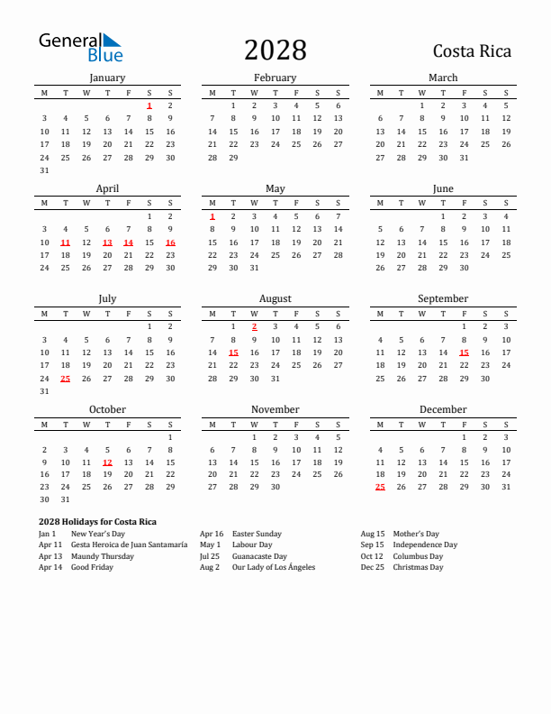 Costa Rica Holidays Calendar for 2028