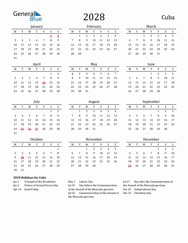 Cuba Holidays Calendar for 2028