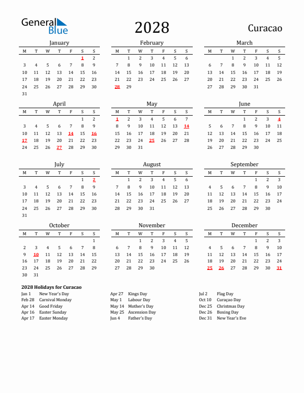 Curacao Holidays Calendar for 2028