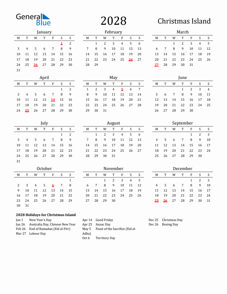 Free Christmas Island Holidays Calendar for Year 2028