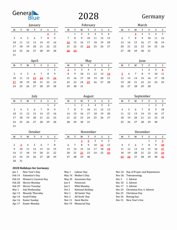 Germany Holidays Calendar for 2028