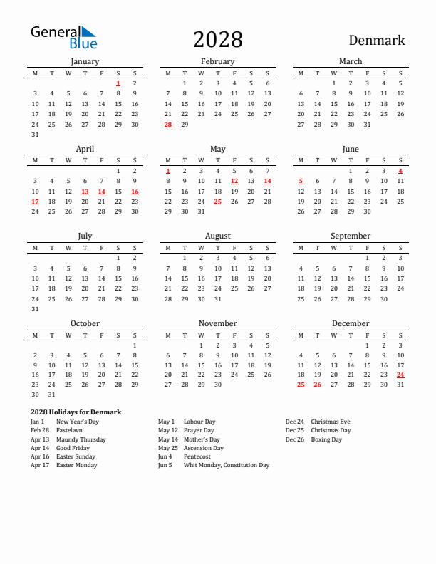 Denmark Holidays Calendar for 2028