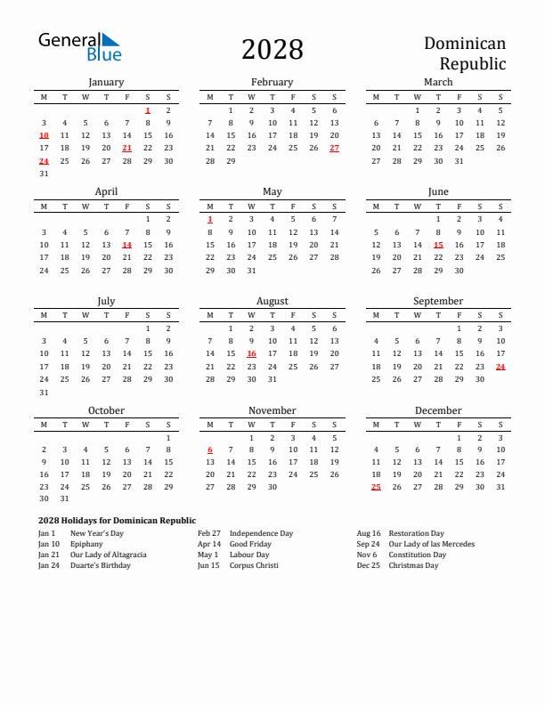 Dominican Republic Holidays Calendar for 2028