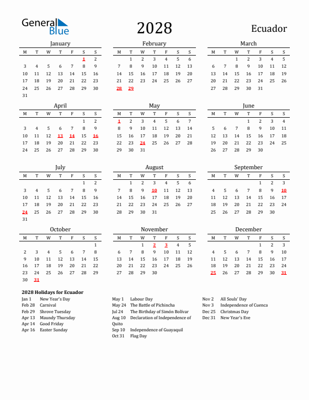 Ecuador Holidays Calendar for 2028