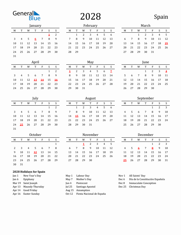 Spain Holidays Calendar for 2028